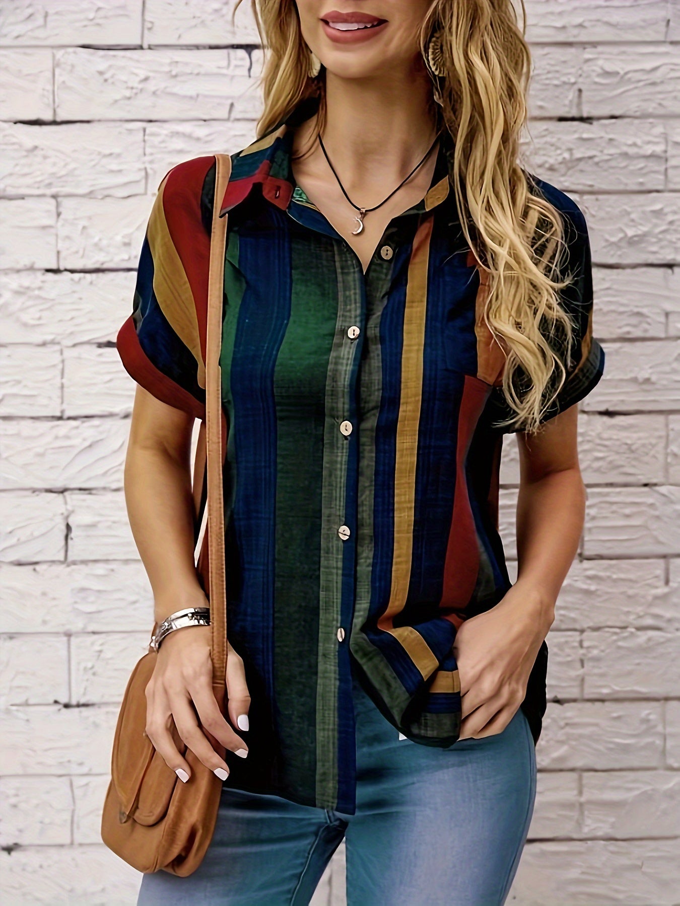 Women'S Striped Shirt Button Short Sleeved Pocket Front Shirt Top Spring/summer/autumn Retro Short Sleeved Shirt, Women'S Clothing