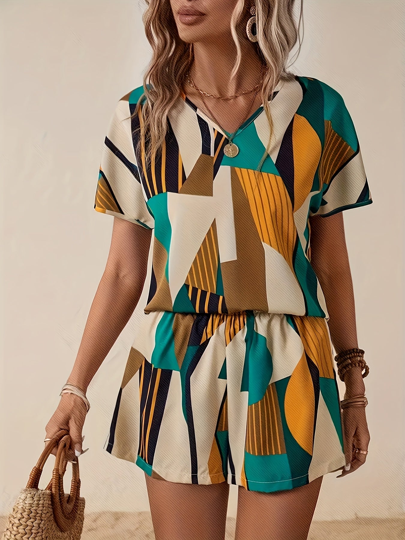 Women'S Summer Elegant Patchwork Print Fashion Set, V-Neck Short Sleeve Top with Matching Shorts